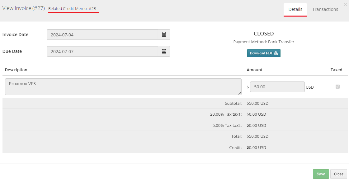 Resellers Center For WHMCS: the View Invoice dialog showing the related credit memo number and closed status