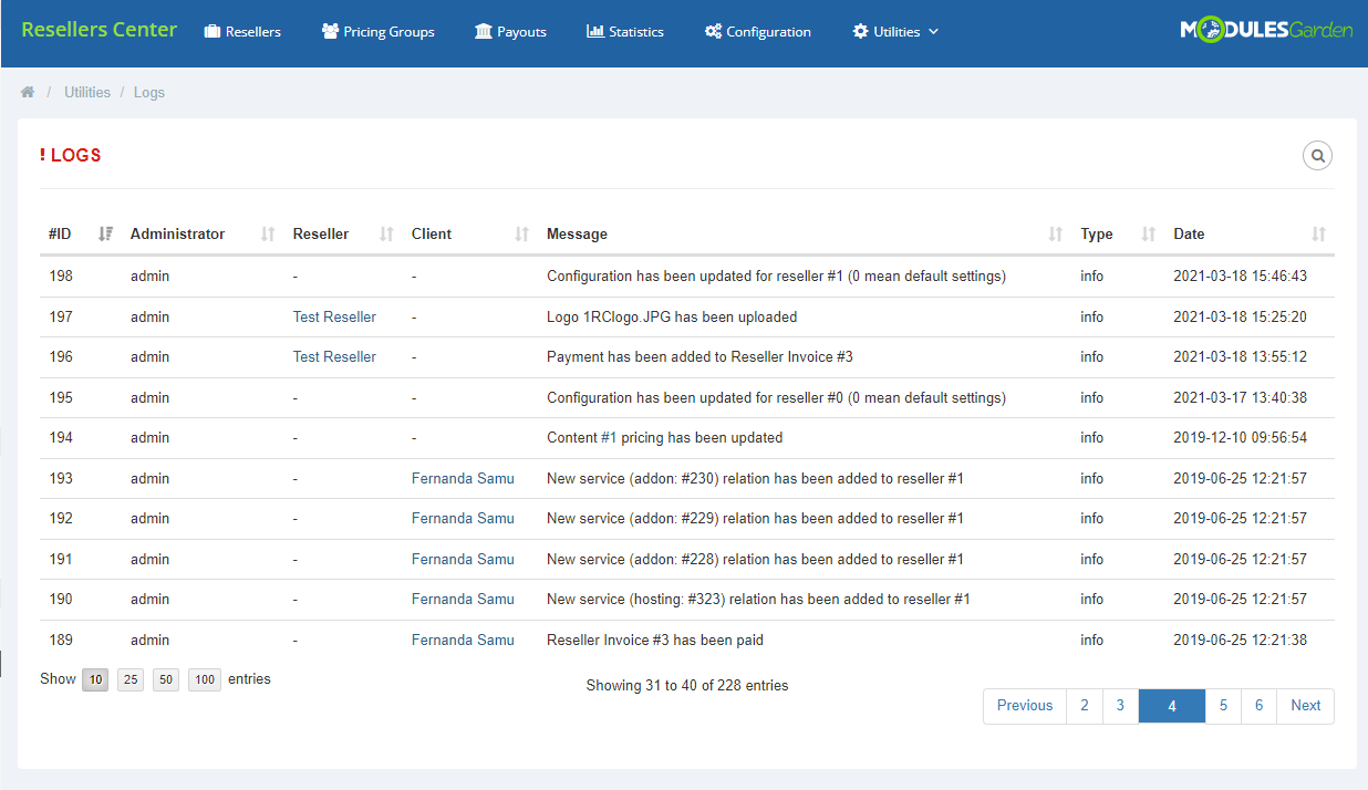 Resellers Center For WHMCS: admin Logs tab listing performed actions with reseller, client, message and date