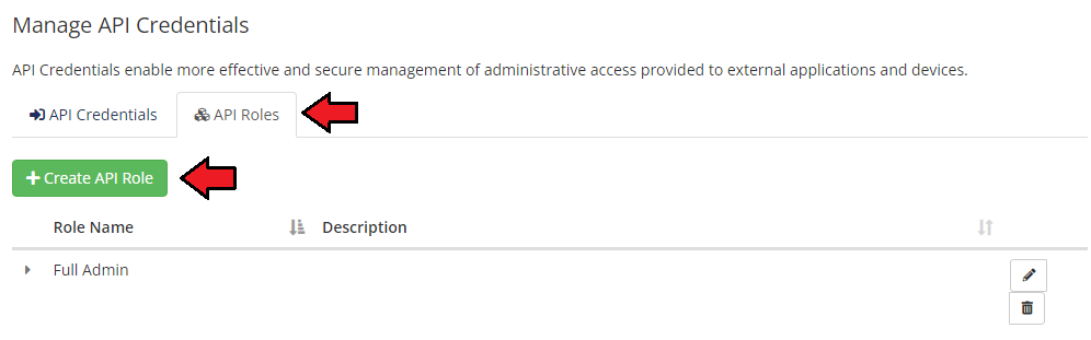 Resellers Center For WHMCS: the Manage API Credentials page, API Roles tab with the Create API Role button