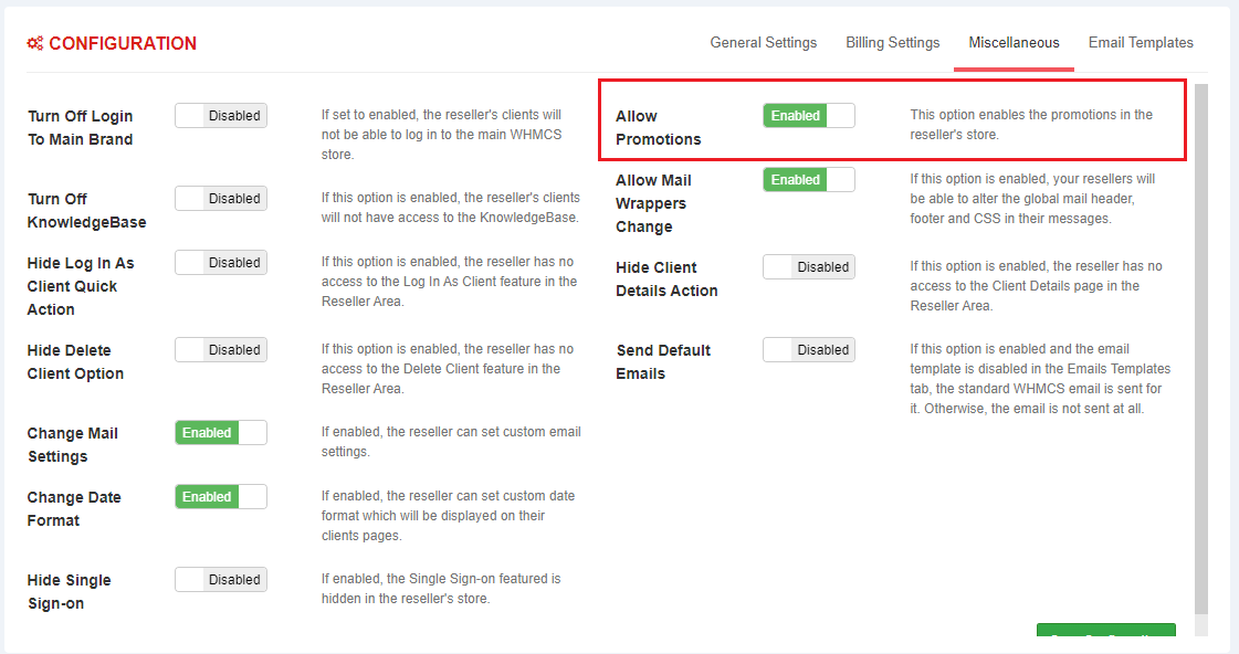 Resellers Center For WHMCS: reseller Configuration Miscellaneous tab with the Allow Promotions option enabled