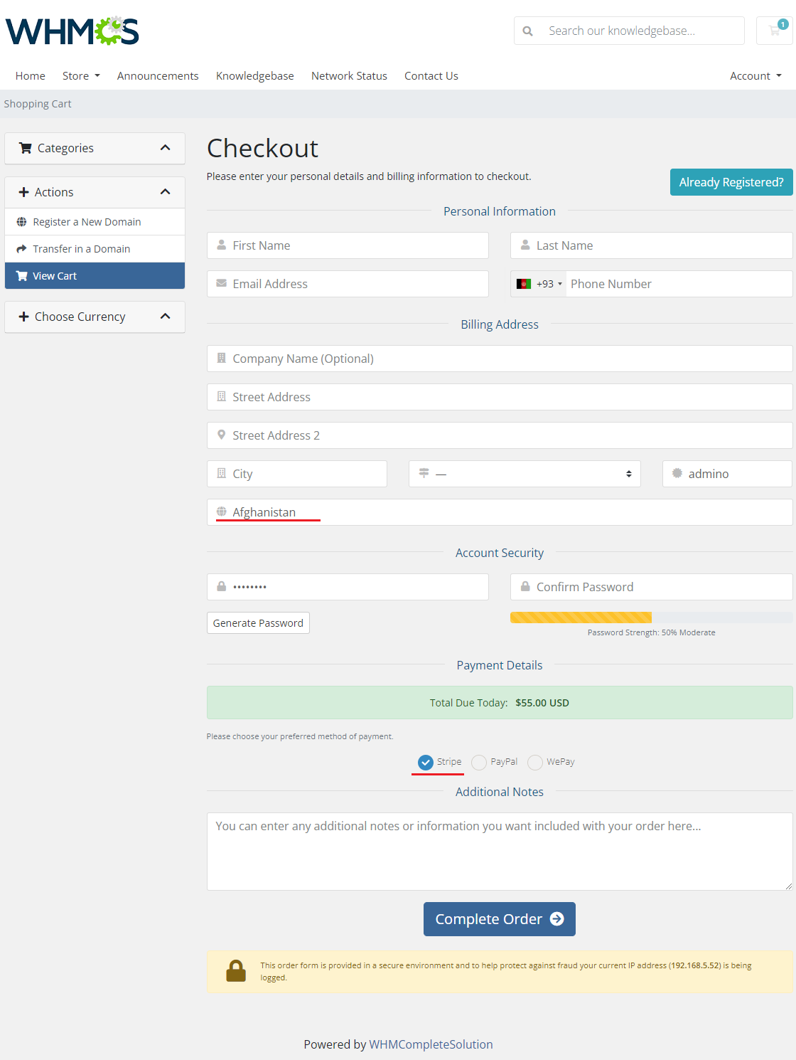 Resellers Center For WHMCS: the new customer checkout with Afghanistan selected and Stripe available