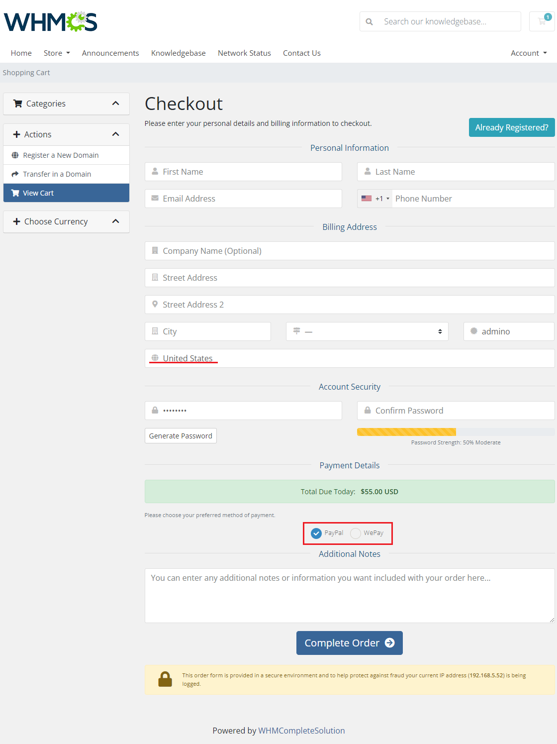 Resellers Center For WHMCS: the new customer checkout with a United States country and only PayPal and WePay shown