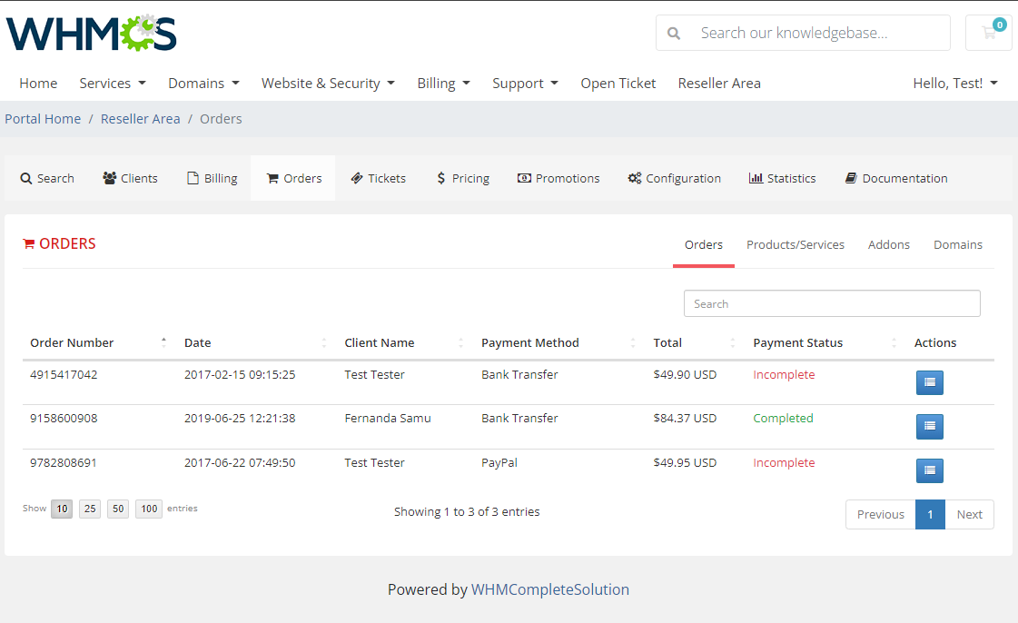 Resellers Center For WHMCS: Reseller Area Orders tab listing orders with payment method and payment status
