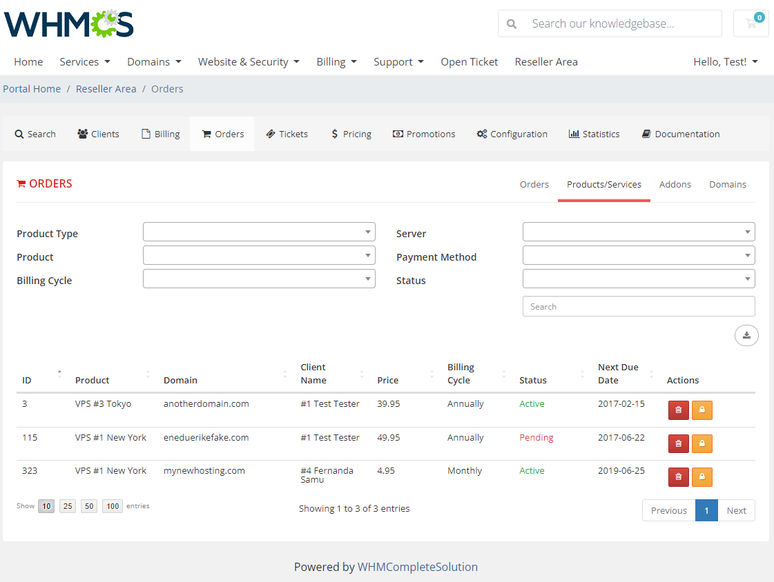 Resellers Center For WHMCS: Reseller Area Orders Products/Services tab with filters above the product list