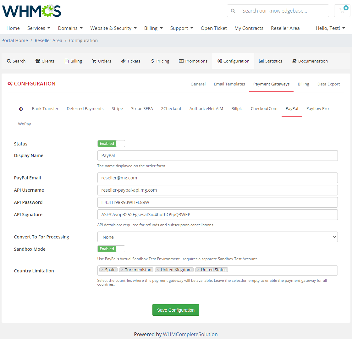 Resellers Center For WHMCS: Reseller Area Configuration Payment Gateways tab with the PayPal gateway settings