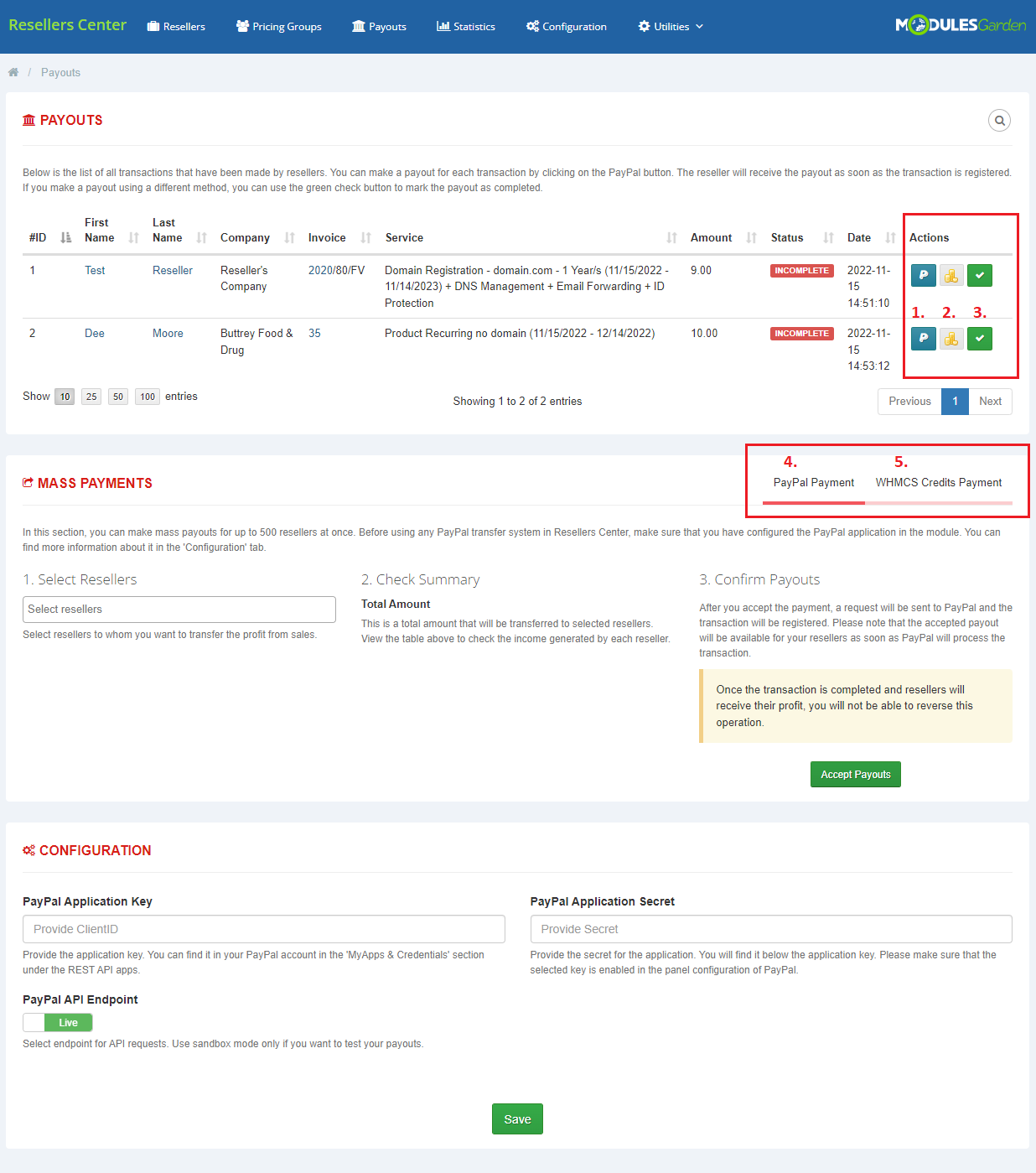 Resellers Center For WHMCS: admin Payouts tab with payout actions, mass payments and PayPal API key fields