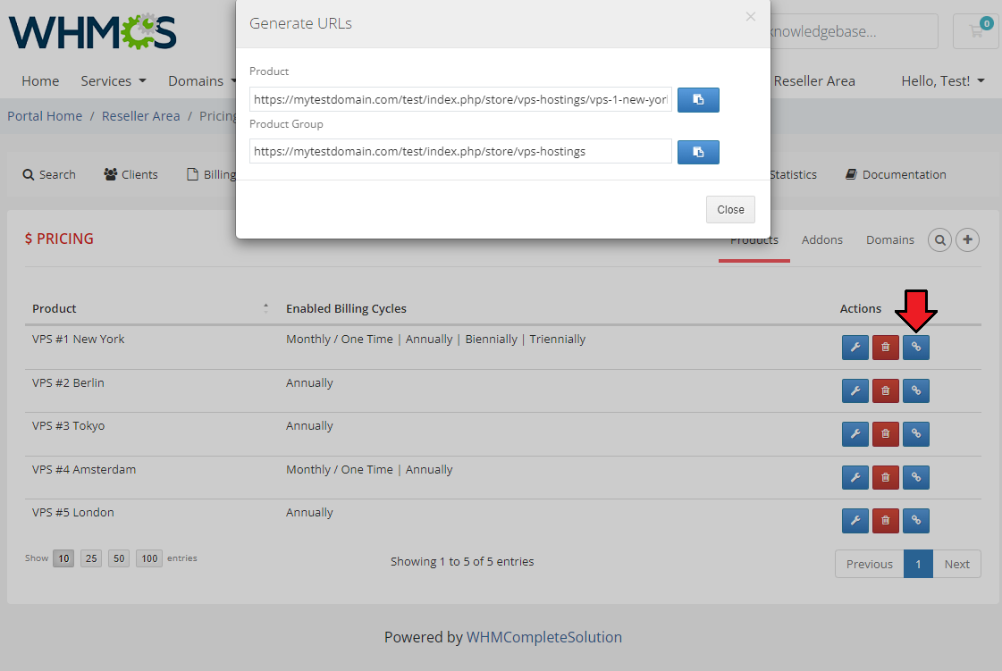 Resellers Center For WHMCS: Generate URLs dialog with product and product group cart links in the Pricing tab