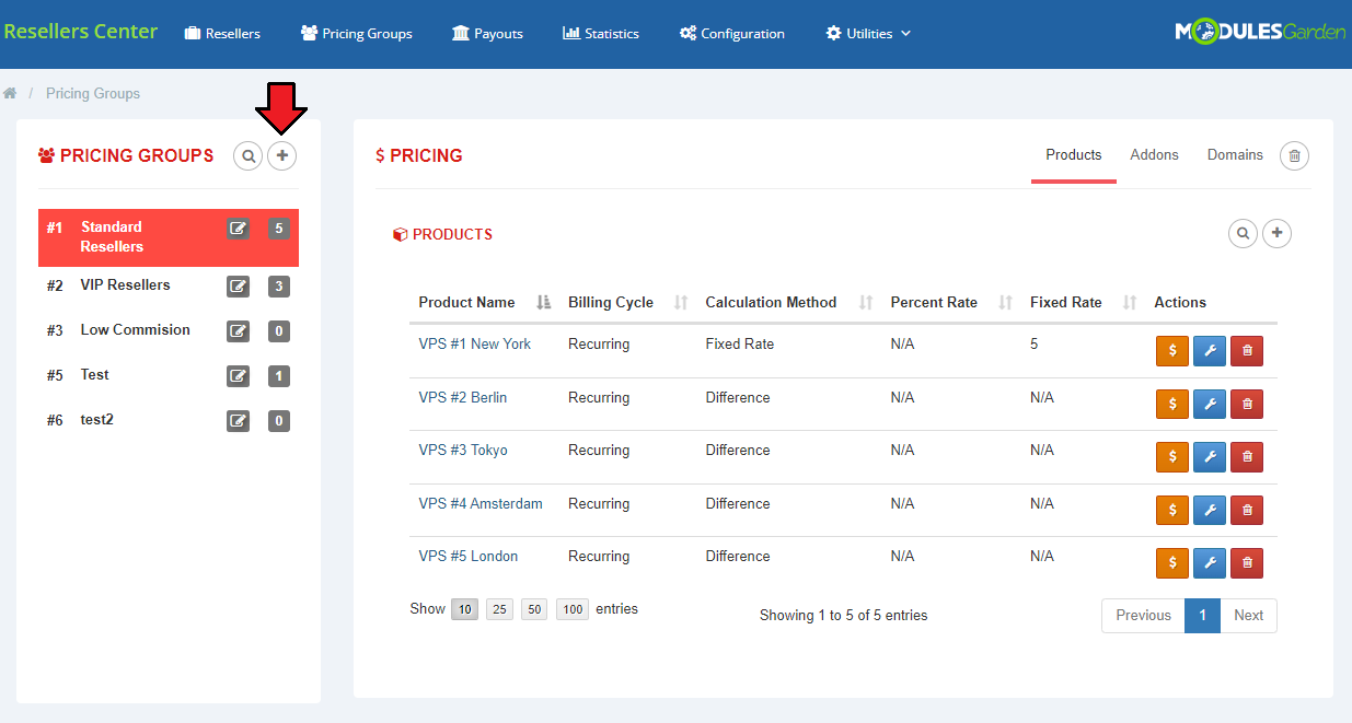 Resellers Center For WHMCS: Pricing Groups page with the group list, the add group button marked and the products table