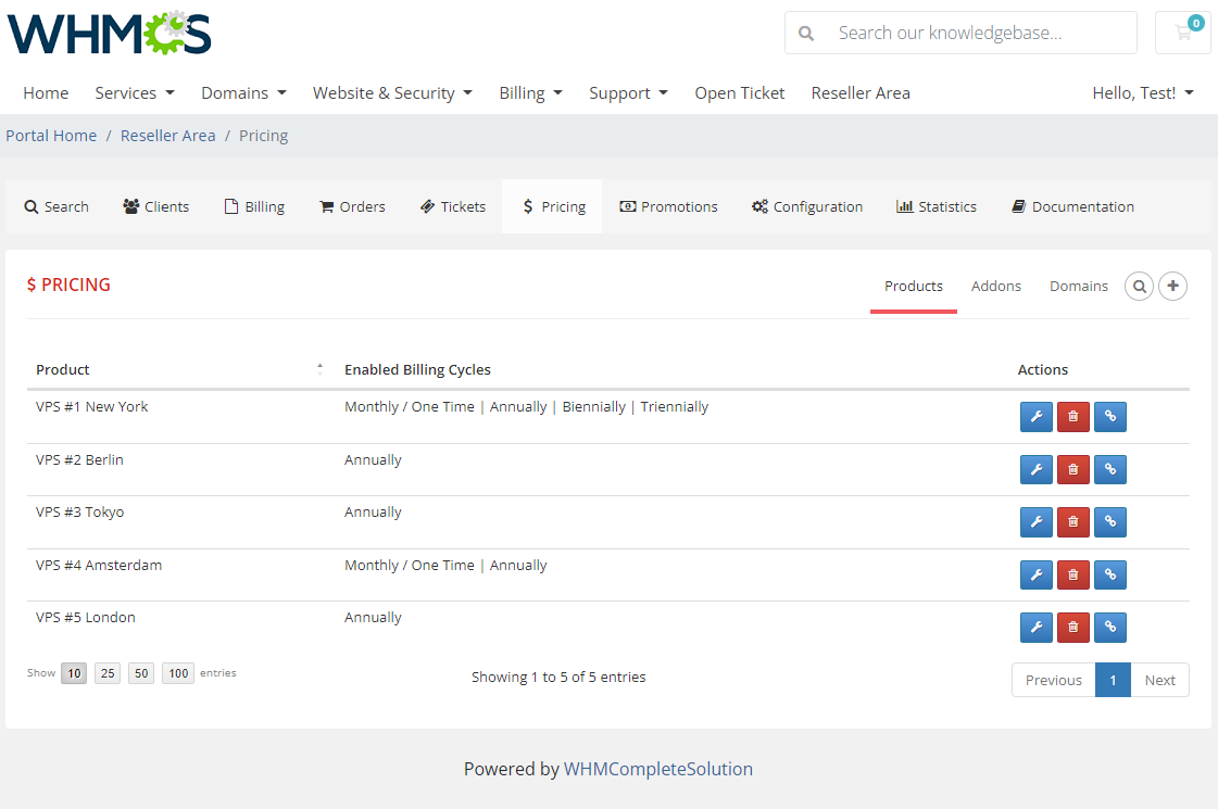 Resellers Center For WHMCS: Reseller Area Pricing tab with the product list and the generate URL buttons
