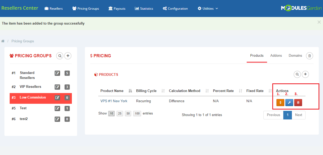 Resellers Center For WHMCS: Pricing Groups products table with the new product and its three action buttons numbered