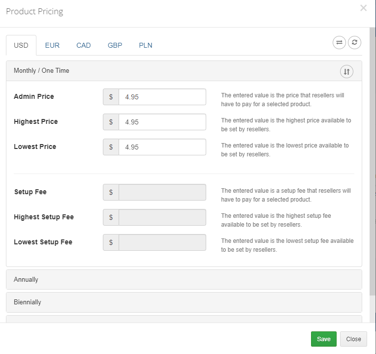 Resellers Center For WHMCS: Product Pricing dialog with currency tabs, admin, highest and lowest price fields and Save