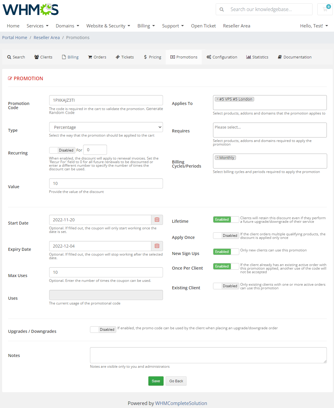 Resellers Center For WHMCS: Reseller Area Promotion form with code, type, value, dates, uses and client options