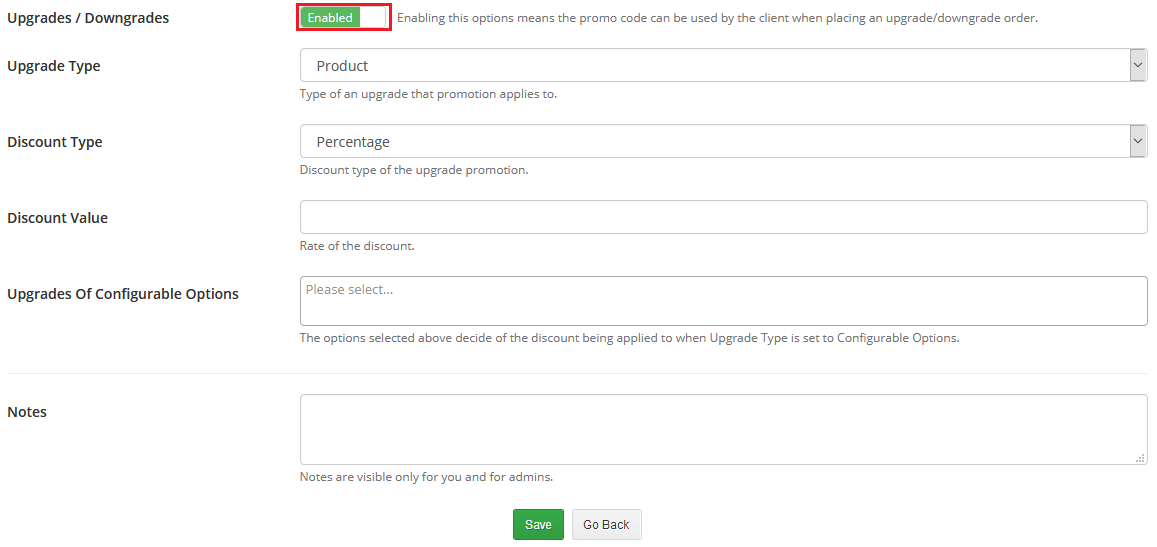 Resellers Center For WHMCS: the Upgrades / Downgrades toggle enabled in the promotion form with discount fields