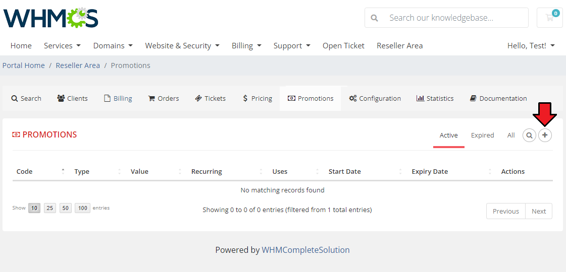 Resellers Center For WHMCS: Reseller Area Promotions tab with an empty list and the add button marked