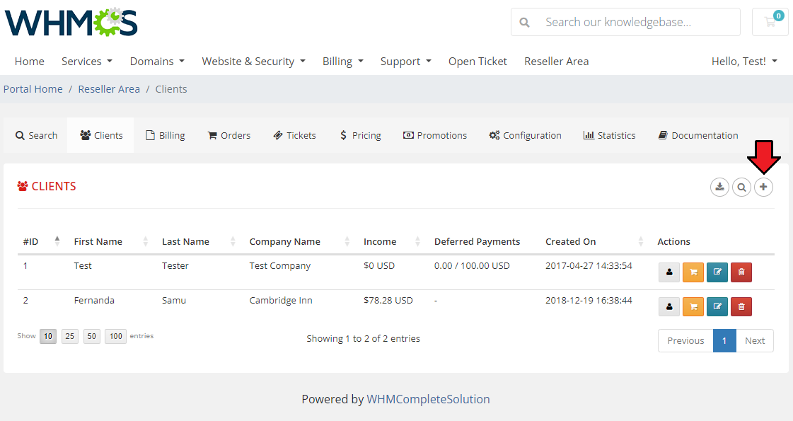 Resellers Center For WHMCS: Reseller Area Clients list with the add client button marked by an arrow