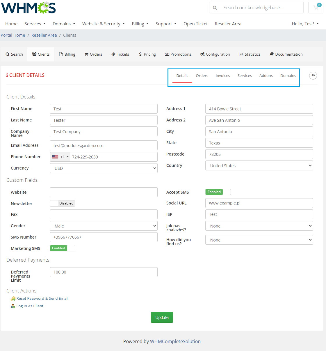 Resellers Center For WHMCS: Reseller Area client details page with personal data, custom fields and tabs marked