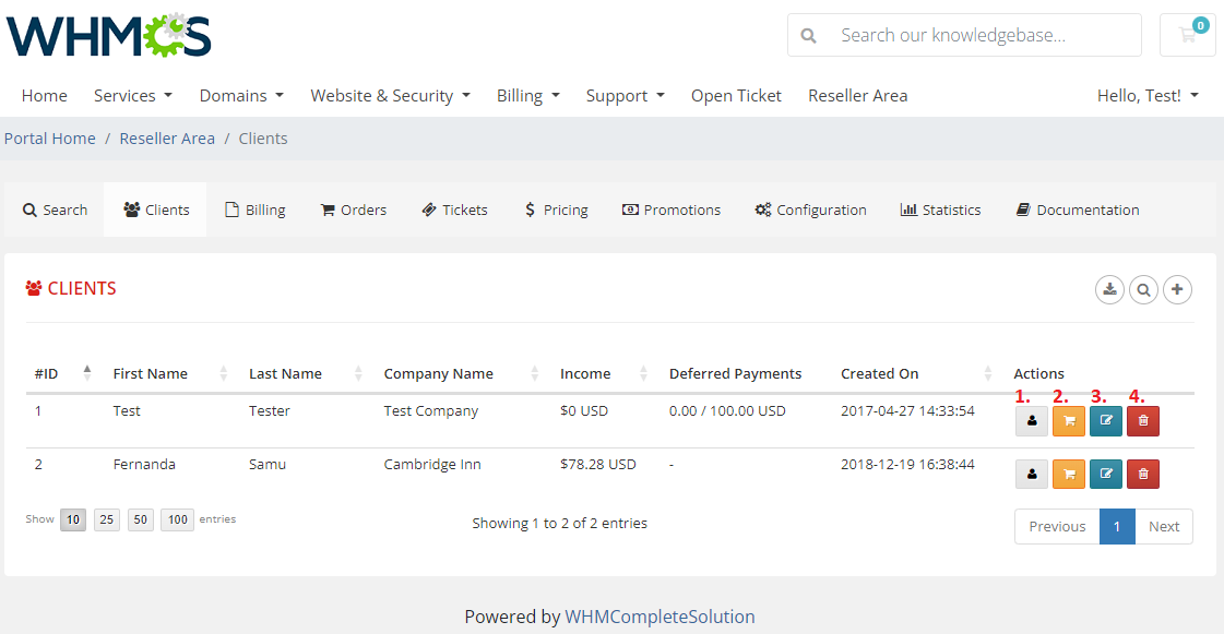 Resellers Center For WHMCS: Reseller Area Clients list with login, order, details and delete actions numbered