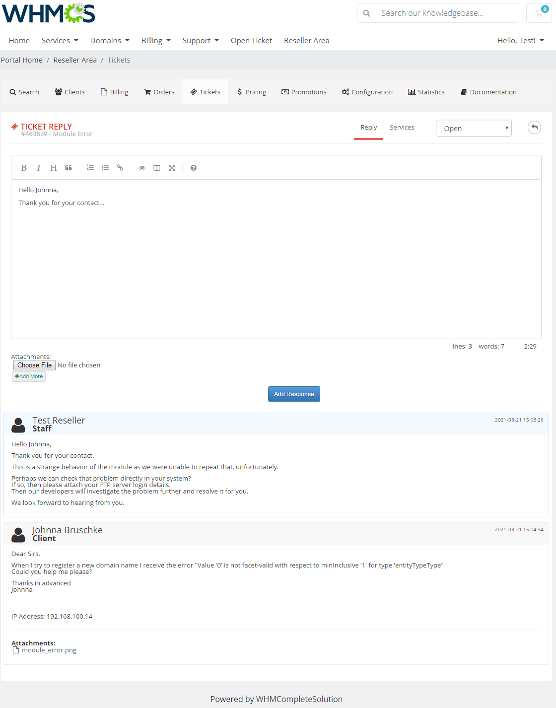 Resellers Center For WHMCS: the Reseller Area ticket reply form with the conversation history below