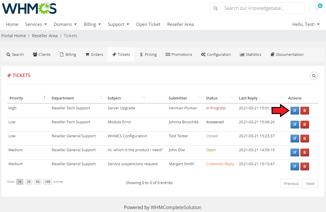 Resellers Center For WHMCS: the Reseller Area Tickets list with department, status and action buttons