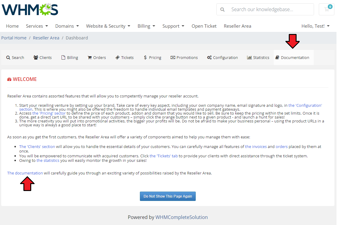 Resellers Center For WHMCS: client area Reseller Area welcome page with the Documentation tab and link marked