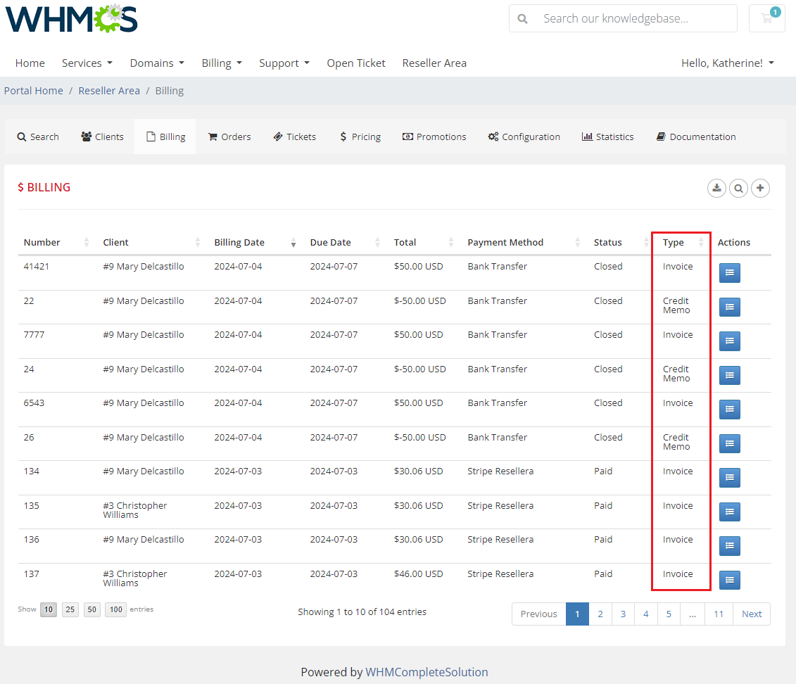 Resellers Center For WHMCS: the Reseller Area Billing list with the Type column showing invoices and credit memos