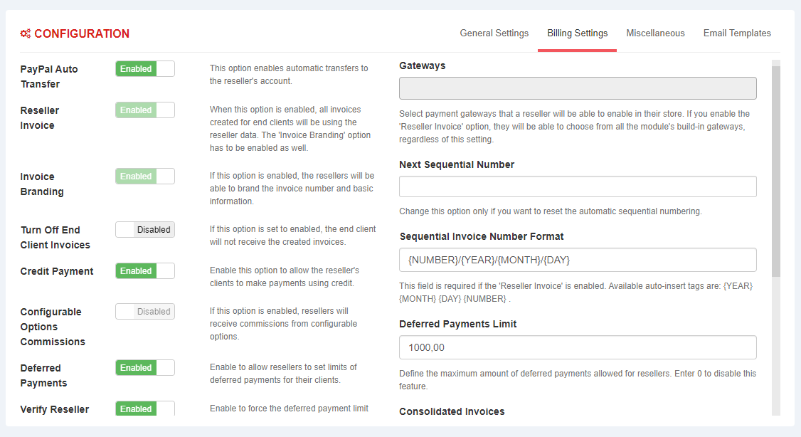 Resellers Center For WHMCS: single reseller Billing Settings tab with invoice, credit and deferred payment options