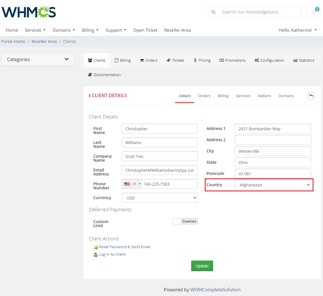 Resellers Center For WHMCS: the Reseller Area client details form with the Country field highlighted