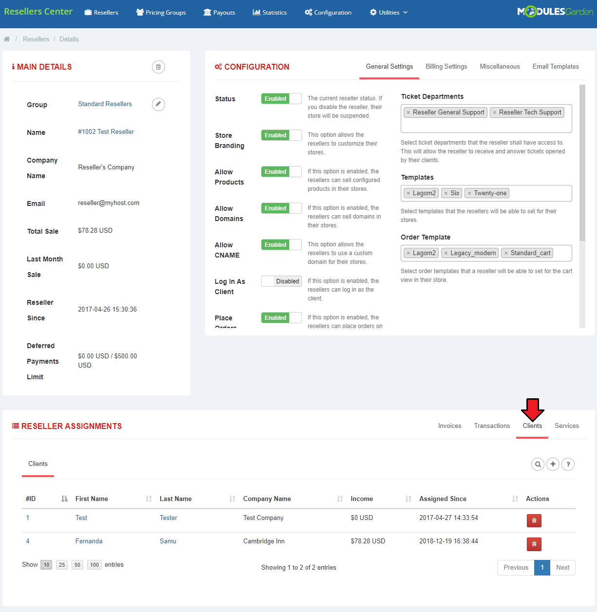 Resellers Center For WHMCS: reseller details page with the Clients tab in Reseller Assignments marked