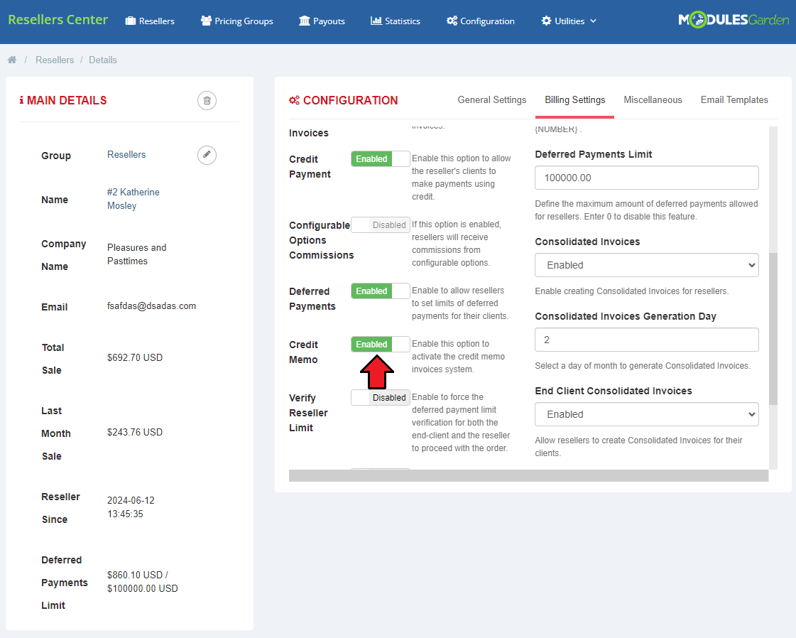 Resellers Center For WHMCS: reseller Billing Settings tab with the Credit Memo option enabled