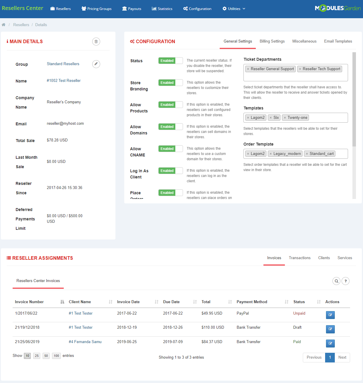 Resellers Center For WHMCS: reseller details with Main Details, Configuration tabs and Reseller Assignments invoices