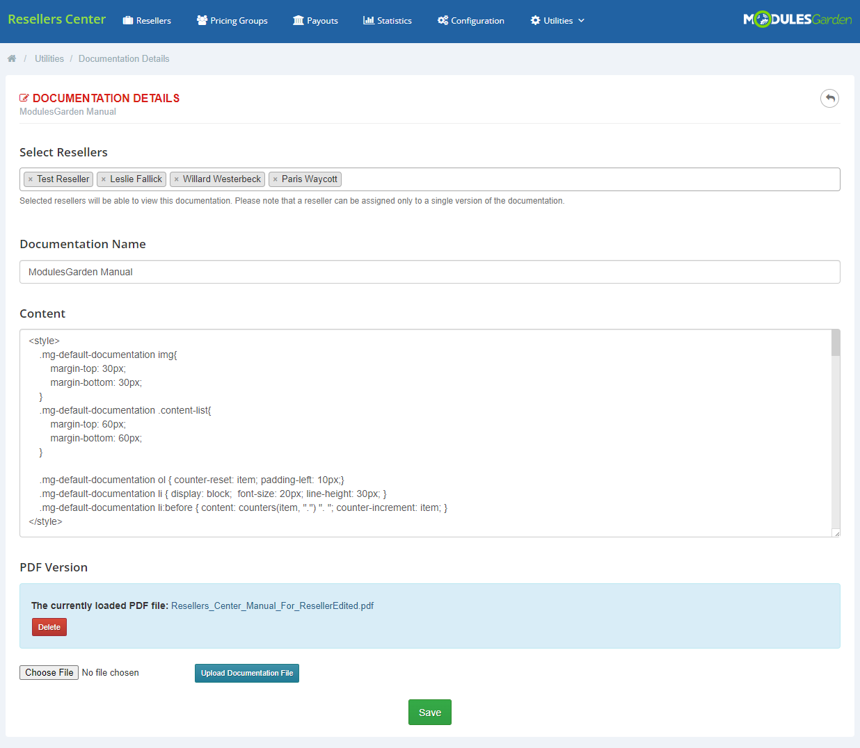 Resellers Center For WHMCS: Documentation Details form with selected resellers, name, HTML content and PDF upload