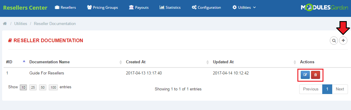Resellers Center For WHMCS: admin Reseller Documentation list with the add button and action buttons marked
