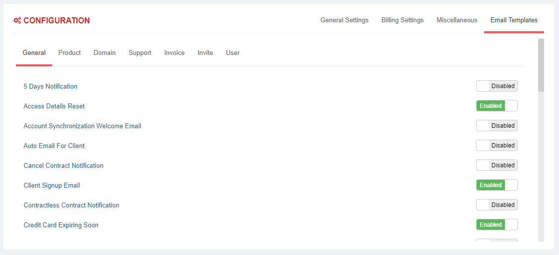 Resellers Center For WHMCS: single reseller Email Templates tab with the General list of enable toggles