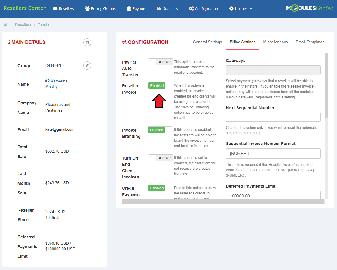 Resellers Center For WHMCS: reseller Billing Settings tab with the Reseller Invoice option enabled