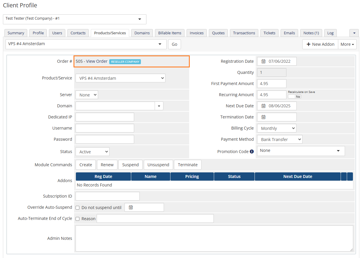 Resellers Center For WHMCS: reseller label next to the order number on a WHMCS admin product/service page