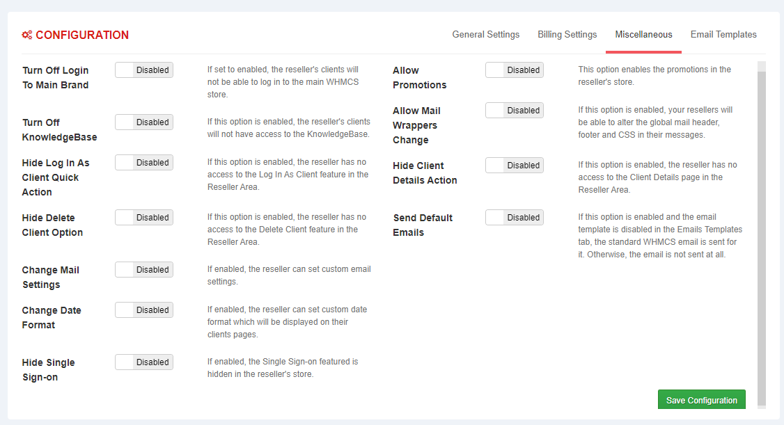 Resellers Center For WHMCS: single reseller Miscellaneous tab with disabled toggles and Save Configuration button
