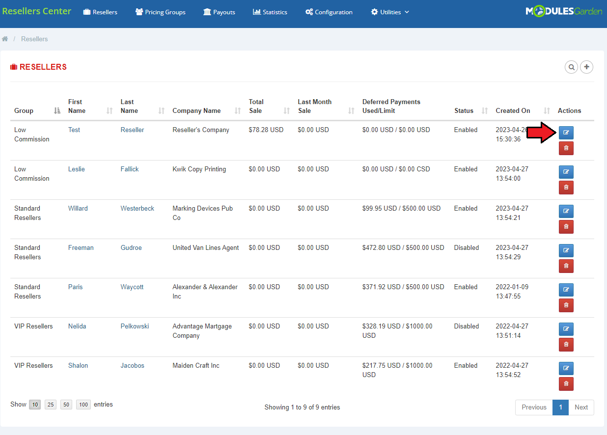 Resellers Center For WHMCS: Resellers list with group, sales and status columns and the edit button marked