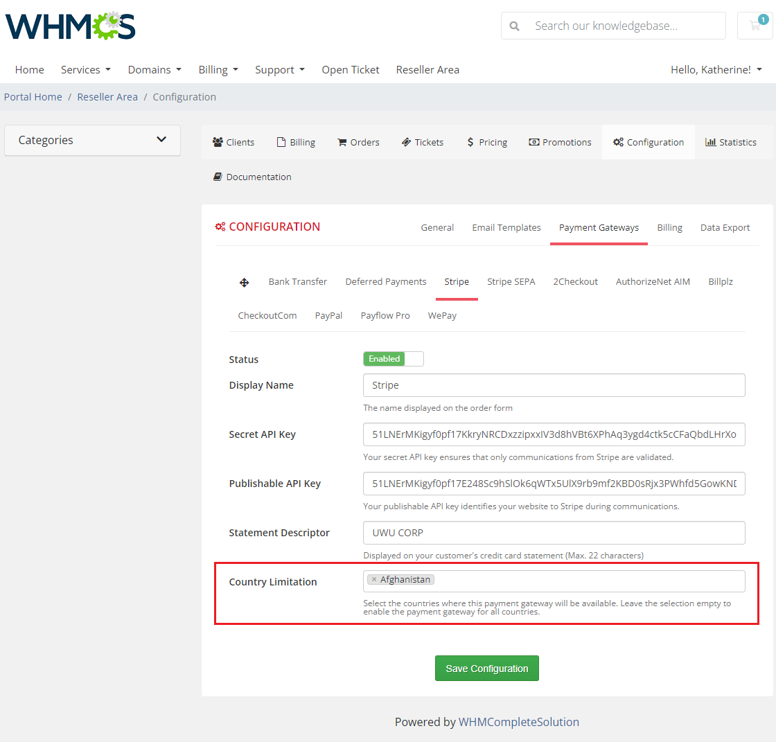 Resellers Center For WHMCS: the Reseller Area Stripe gateway settings with Country Limitation set to Afghanistan