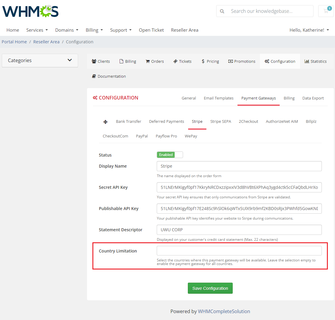 Resellers Center For WHMCS: the Reseller Area Stripe gateway settings with an empty Country Limitation field