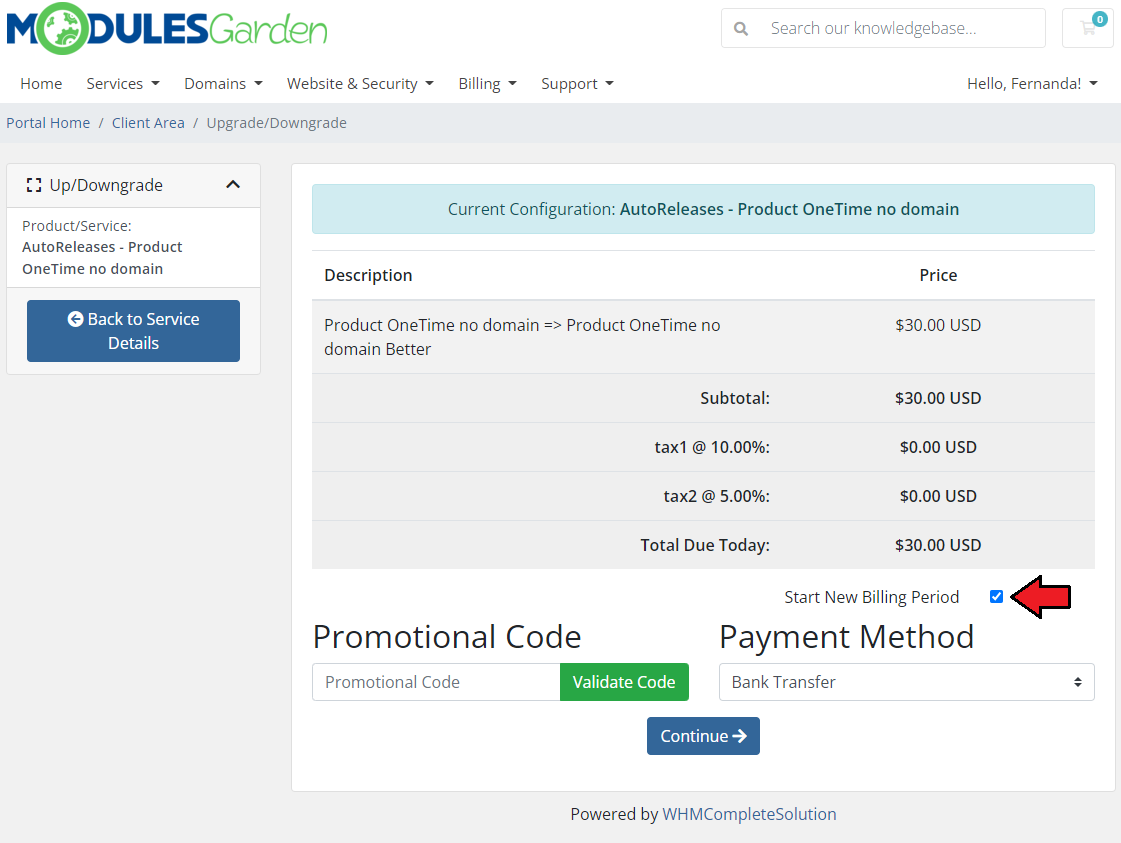 Resellers Center For WHMCS: the client area Upgrade/Downgrade page with the Start New Billing Period checkbox
