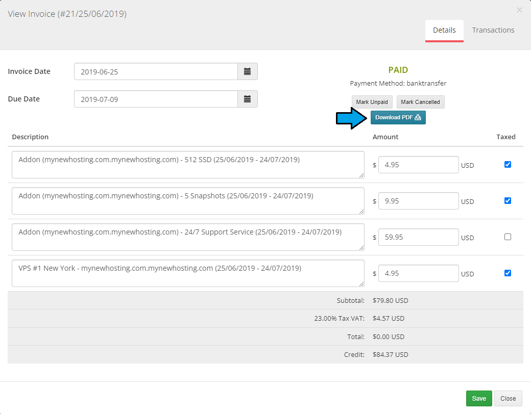 Resellers Center For WHMCS: View Invoice dialog for a paid invoice with the Download PDF button marked
