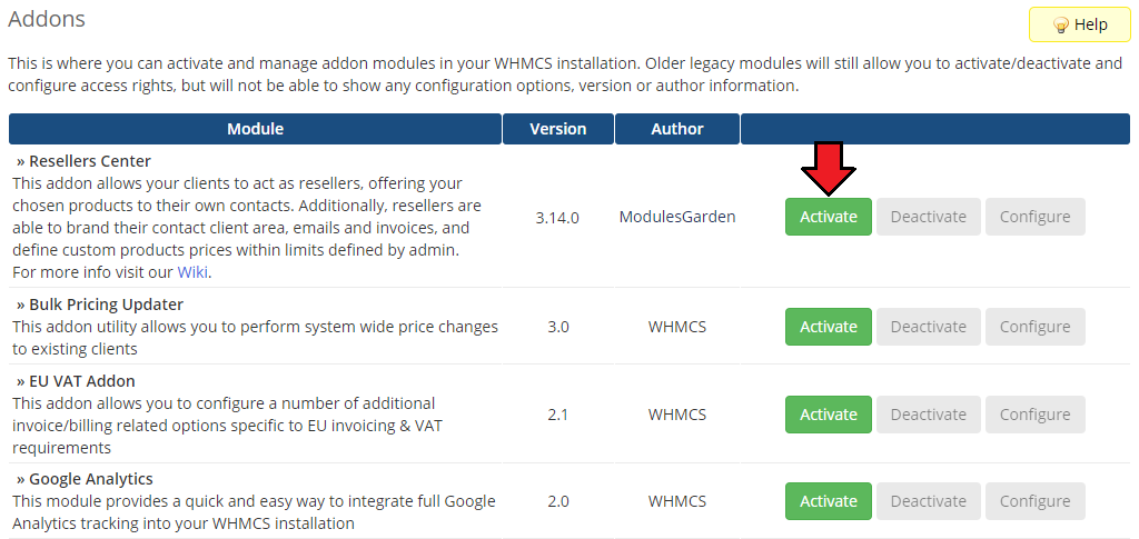 Resellers Center For WHMCS: WHMCS Addon Modules list with the Activate button next to Resellers Center
