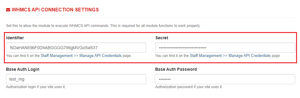 Resellers Center For WHMCS: the WHMCS API Connection Settings form filled with Identifier, Secret and Base Auth fields