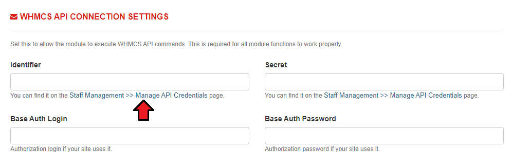 Resellers Center For WHMCS: the WHMCS API Connection Settings form with the Manage API Credentials link