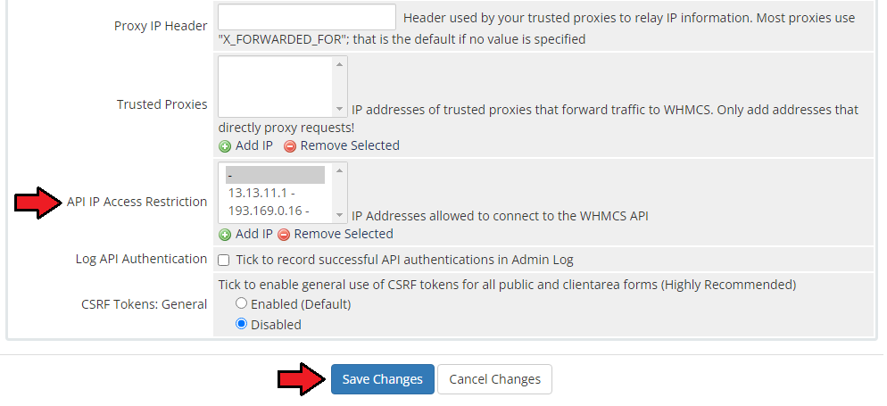 Resellers Center For WHMCS: the WHMCS General Settings Security section with the API IP Access Restriction list