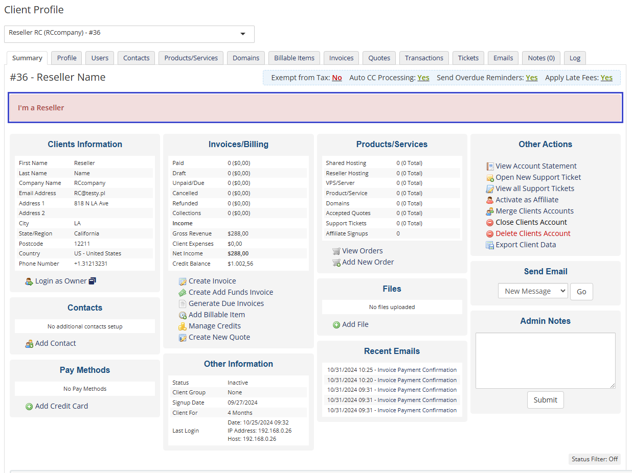 Resellers Center For WHMCS: WHMCS admin Client Profile with the highlighted notice saying I am a reseller