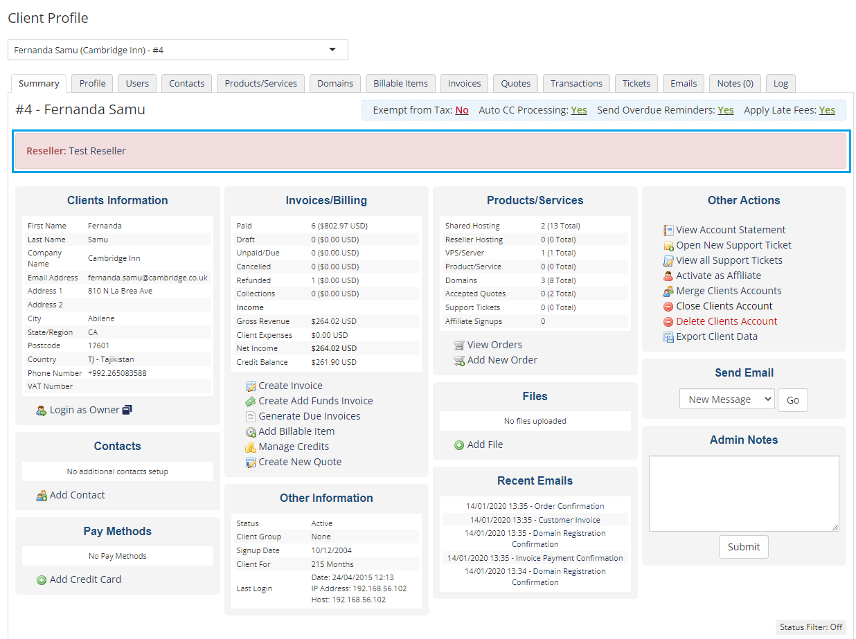 Resellers Center For WHMCS: WHMCS admin Client Profile summary with a highlighted Reseller notice showing the reseller