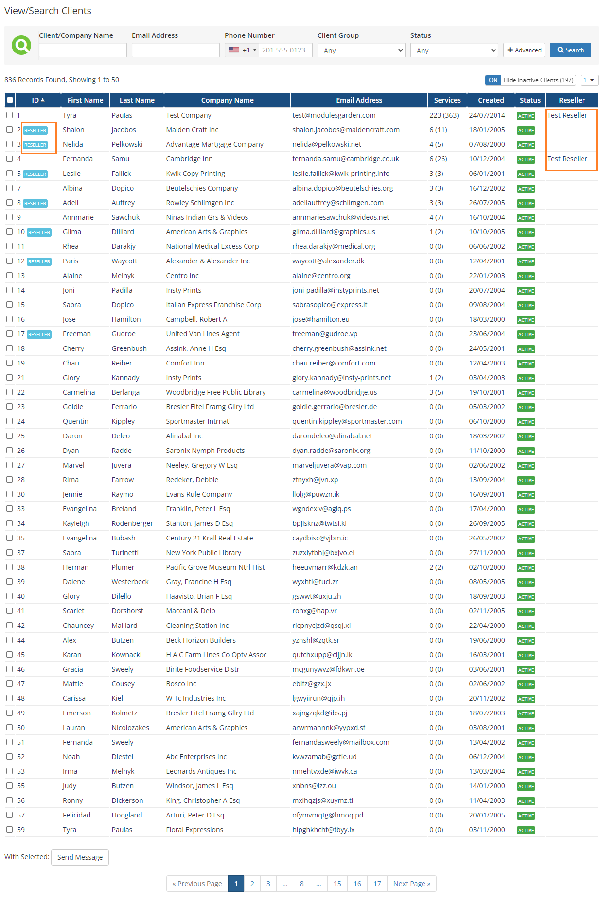 Resellers Center For WHMCS: WHMCS admin View/Search Clients list with Reseller badges and the Reseller column