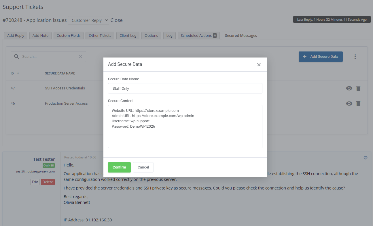 Secure Support Messages For WHMCS: the Add Secure Data dialog in the admin ticket view with name and content fields