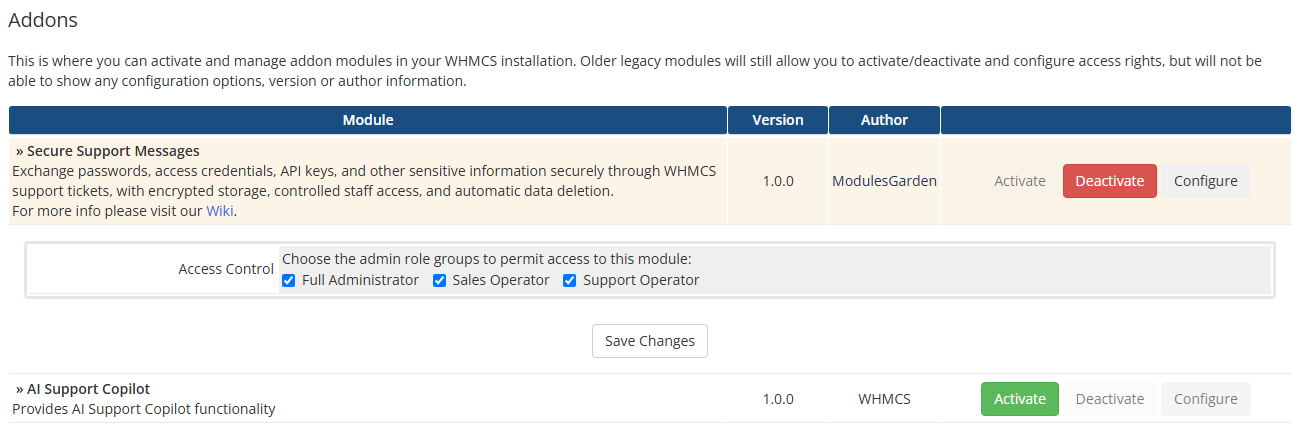 Secure Support Messages For WHMCS: the WHMCS Addon Modules list with the module access control role groups